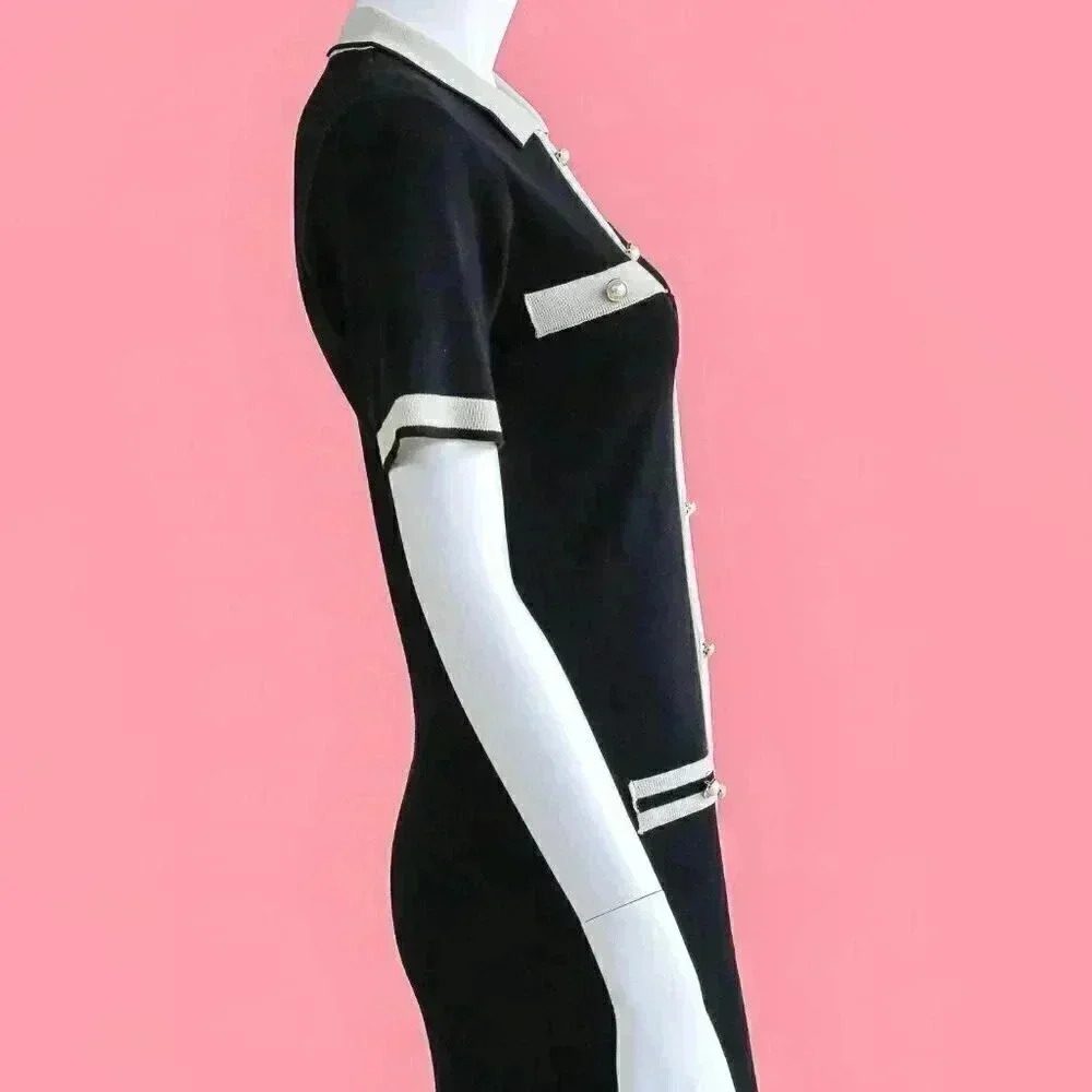 Preppy Black & Cream Classy Mini Dress‎ Size Small Summer Knitted Collared Dress - Picture 4 of 4